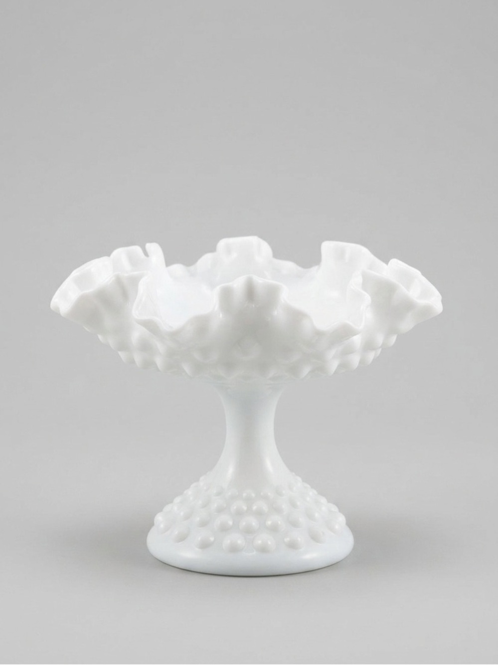 Fenton Hobnail Milk Glass Ruffled Pedestal Compote Candy Dish Decor Vintage 70s